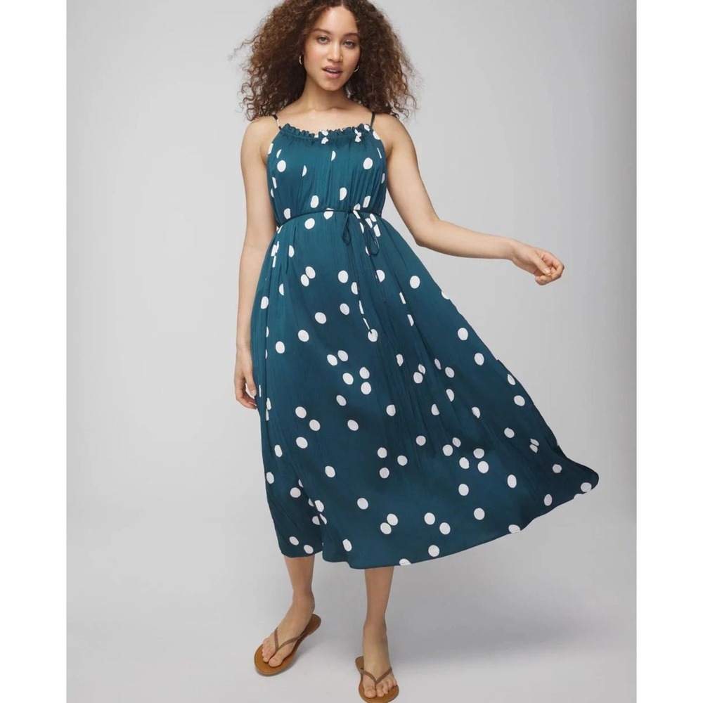 NEW Soma Crinkle‎ Satin Pleated Tie Waist Polka Belle Dot Midi Dress Medium NWT